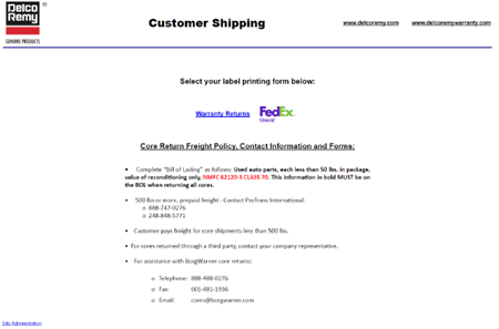 Warranty Customer Shipping Screen capture